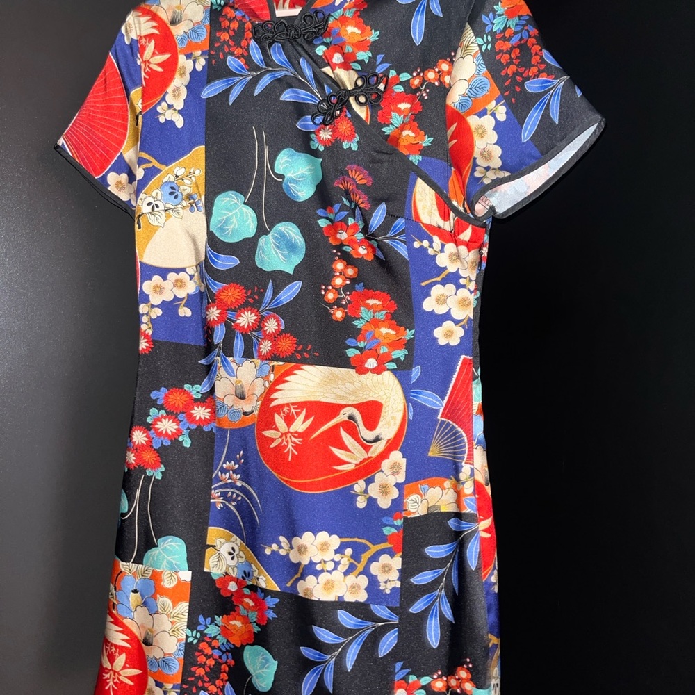 Zara Black Floral Patchwork Dress with Blue and Red Accents